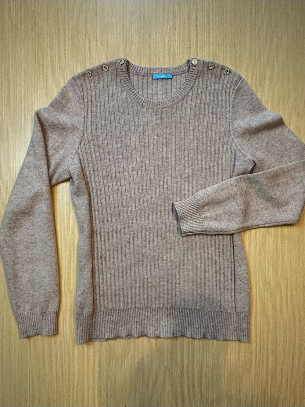 J. McLaughlin 100% Cashmere Ribbed Crewneck Taupe Sweater Button Shoulder Sz M